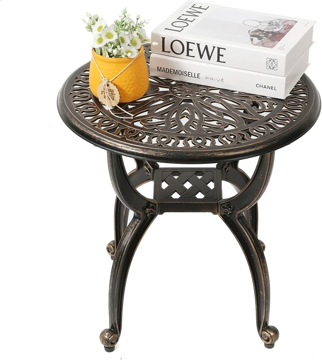 Alt view image 3 of 4 - Cast Aluminum Outdoor Side Table, Decorative End Table with Ornate Floral Pattern (Round, Copper)