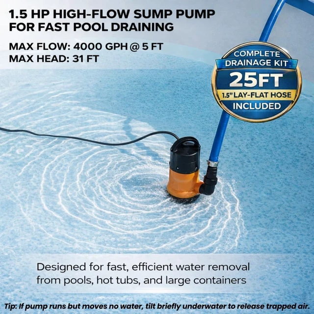 Alt view image 3 of 7 - 4000GPH Submersible Sump Pump with 25Ft Hose & 25Ft Cord