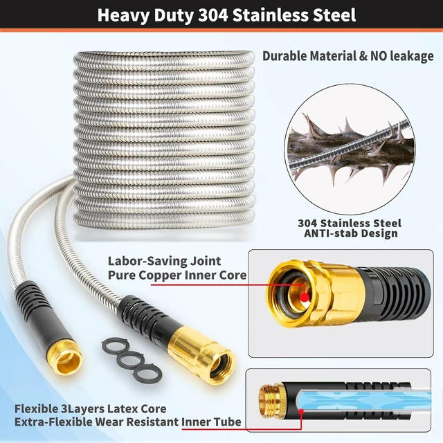Alt view image 2 of 7 - 150FT Heavy Duty Lightweight 304 Metal Garden Hose with Brass Nozzle & Durable Fittings, No Kink & Tangle, Puncture Resistant, Easy to Use & Store for RV, Outdoor & Yard (150ft)