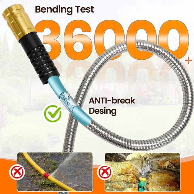 Alt view image 5 of 7 - 150FT Heavy Duty Lightweight 304 Metal Garden Hose with Brass Nozzle & Durable Fittings, No Kink & Tangle, Puncture Resistant, Easy to Use & Store for RV, Outdoor & Yard (150ft)