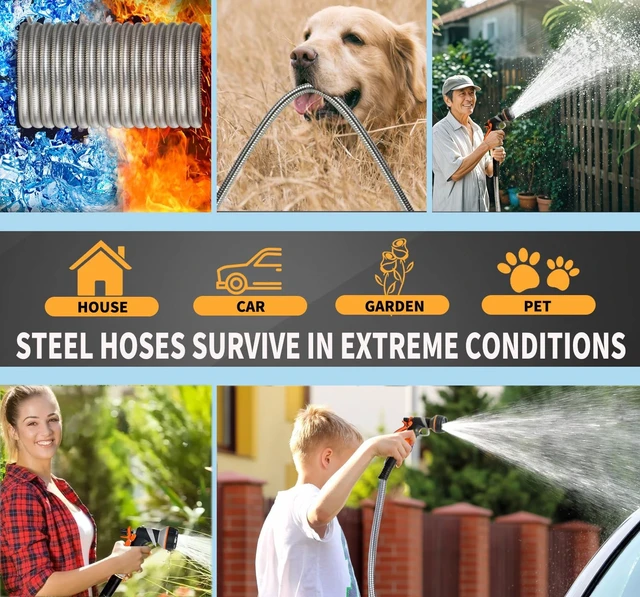 Alt view image 7 of 7 - 150FT Heavy Duty Lightweight 304 Metal Garden Hose with Brass Nozzle & Durable Fittings, No Kink & Tangle, Puncture Resistant, Easy to Use & Store for RV, Outdoor & Yard (150ft)