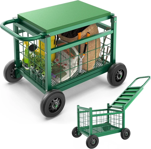 Main image of 3-in-1 Rolling Garden Cart with Seat & Wheels for Seniors Gardening