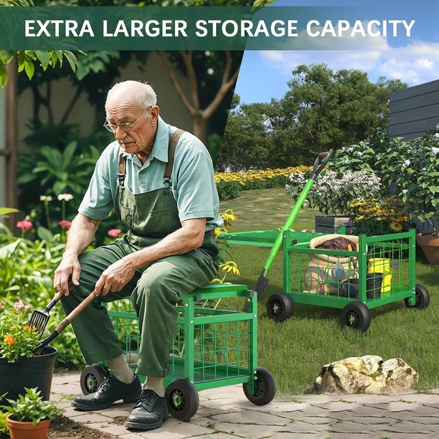 Alt view image 4 of 7 - 3-in-1 Rolling Garden Cart with Seat & Wheels for Seniors Gardening