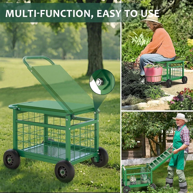 Alt view image 5 of 7 - 3-in-1 Rolling Garden Cart with Seat & Wheels for Seniors Gardening