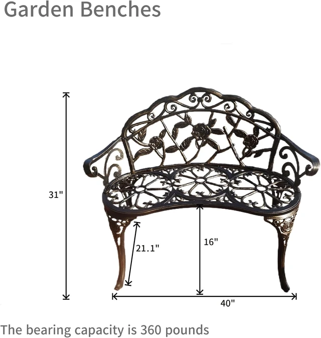 Alt view image 3 of 6 - Metal Aluminum Rose Garden Bench for Porch, Park, Balcony & Outdoor (Bronzed)