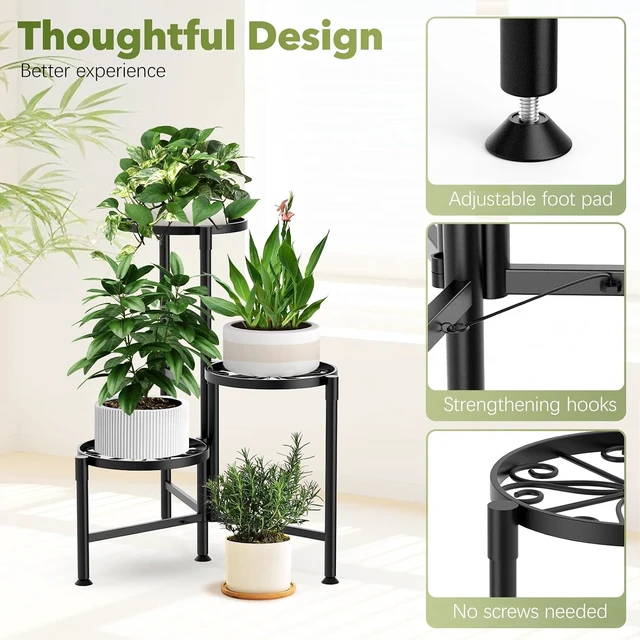 Alt view image 3 of 7 - 3-Tier Metal Corner Plant Stand with 10 Inch Wide Trays, Indoor/Outdoor, Black