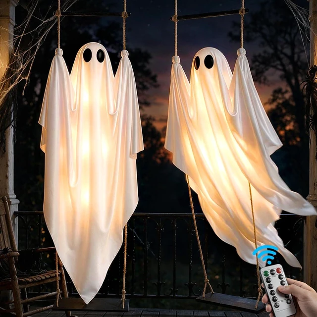 Main image of 2 Pack 5 FT Pre-Assembled Hanging Swinging Ghosts with Adjustable Arms, 8 Light Modes, Remote & Timer, Indoor/Outdoor Decor for Porch, Yard, Garden & Tree