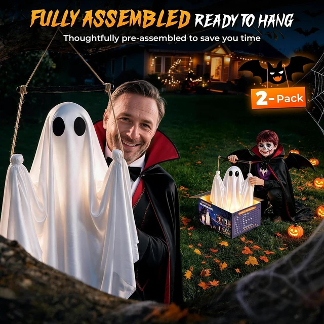 Alt view image 2 of 7 - 2 Pack 5 FT Pre-Assembled Hanging Swinging Ghosts with Adjustable Arms, 8 Light Modes, Remote & Timer, Indoor/Outdoor Decor for Porch, Yard, Garden & Tree