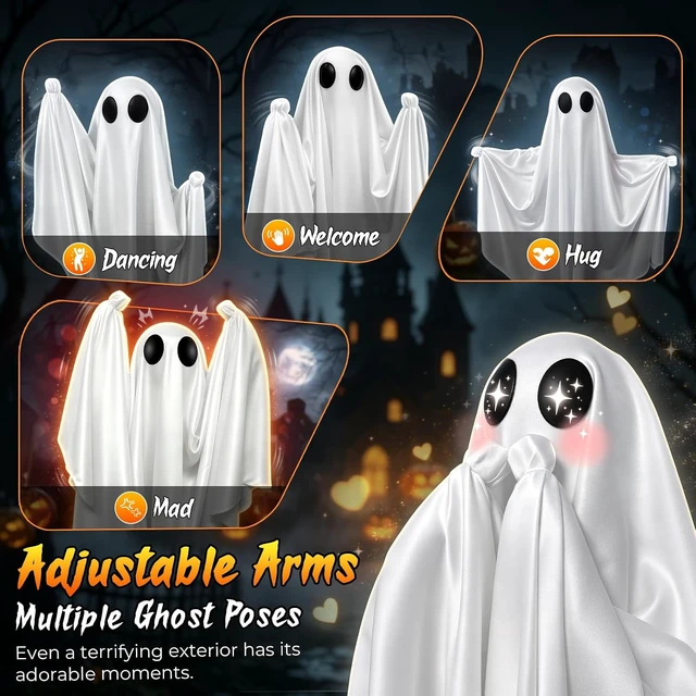 Alt view image 3 of 7 - 2 Pack 5 FT Pre-Assembled Hanging Swinging Ghosts with Adjustable Arms, 8 Light Modes, Remote & Timer, Indoor/Outdoor Decor for Porch, Yard, Garden & Tree