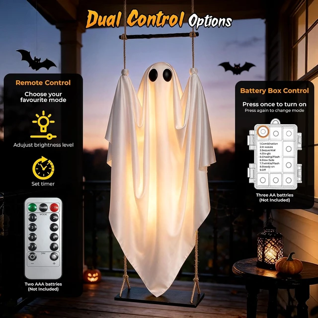 Alt view image 4 of 7 - 2 Pack 5 FT Pre-Assembled Hanging Swinging Ghosts with Adjustable Arms, 8 Light Modes, Remote & Timer, Indoor/Outdoor Decor for Porch, Yard, Garden & Tree