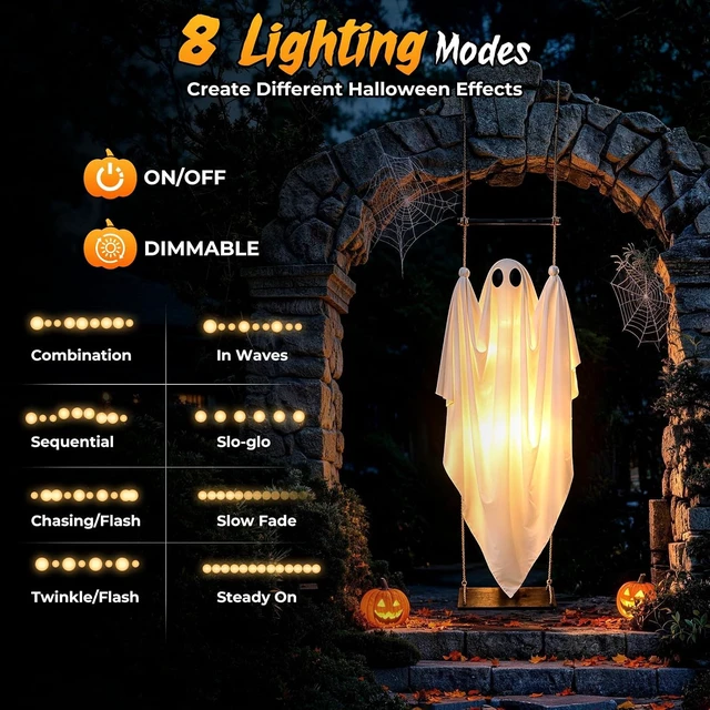 Alt view image 5 of 7 - 2 Pack 5 FT Pre-Assembled Hanging Swinging Ghosts with Adjustable Arms, 8 Light Modes, Remote & Timer, Indoor/Outdoor Decor for Porch, Yard, Garden & Tree