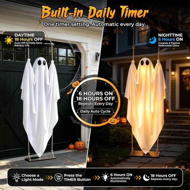 Alt view image 6 of 7 - 2 Pack 5 FT Pre-Assembled Hanging Swinging Ghosts with Adjustable Arms, 8 Light Modes, Remote & Timer, Indoor/Outdoor Decor for Porch, Yard, Garden & Tree