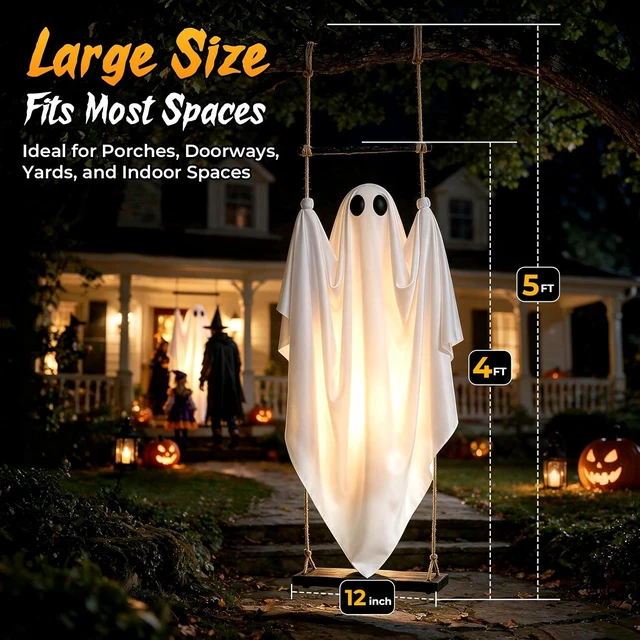 Alt view image 7 of 7 - 2 Pack 5 FT Pre-Assembled Hanging Swinging Ghosts with Adjustable Arms, 8 Light Modes, Remote & Timer, Indoor/Outdoor Decor for Porch, Yard, Garden & Tree