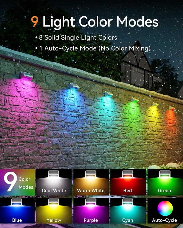 Alt view image 5 of 7 - 12 Pack RGB Solar Fence Lights, Outdoor