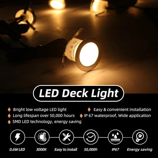 Alt view image 2 of 6 - 16 Pack 32mm Recessed LED Deck Light Kits, Warm White IP67 Waterproof 12V Low Voltage for Garden, Patio, Step, Stair, Yard & Floor