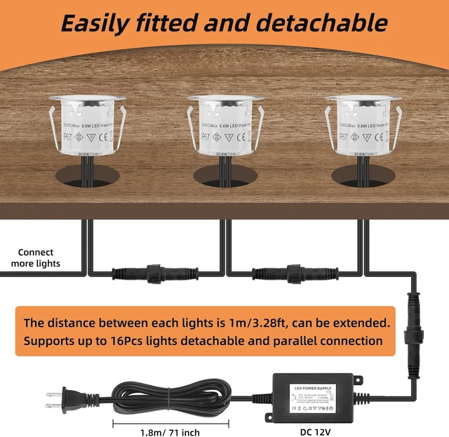 Alt view image 3 of 6 - 16 Pack 32mm Recessed LED Deck Light Kits, Warm White IP67 Waterproof 12V Low Voltage for Garden, Patio, Step, Stair, Yard & Floor