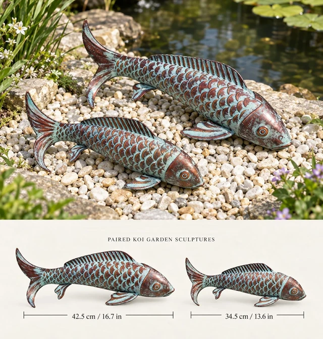 Alt view image 4 of 7 - Antique Copper Koi Fish Garden Statues, Outdoor Yard Art Sculptures
