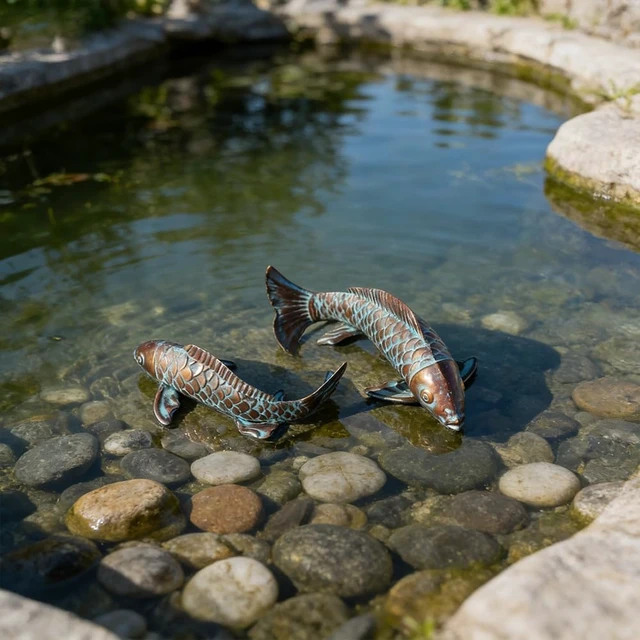 Alt view image 7 of 7 - Antique Copper Koi Fish Garden Statues, Outdoor Yard Art Sculptures