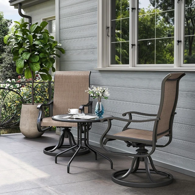 Alt view image 2 of 7 - Set of 2 Outdoor Patio Swivel Rocker Dining Chairs with All-Weather Textilene High Back & Metal Frame for Backyard, Deck, Lawn & Garden, Brown