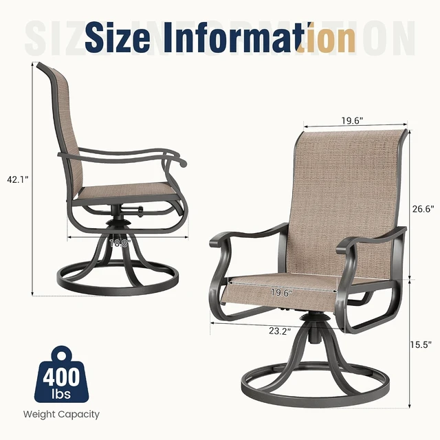 Alt view image 3 of 7 - Set of 2 Outdoor Patio Swivel Rocker Dining Chairs with All-Weather Textilene High Back & Metal Frame for Backyard, Deck, Lawn & Garden, Brown