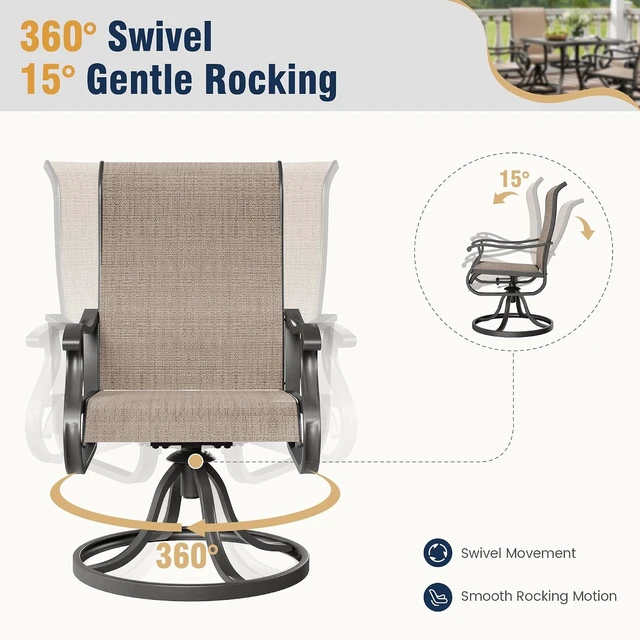 Alt view image 4 of 7 - Set of 2 Outdoor Patio Swivel Rocker Dining Chairs with All-Weather Textilene High Back & Metal Frame for Backyard, Deck, Lawn & Garden, Brown