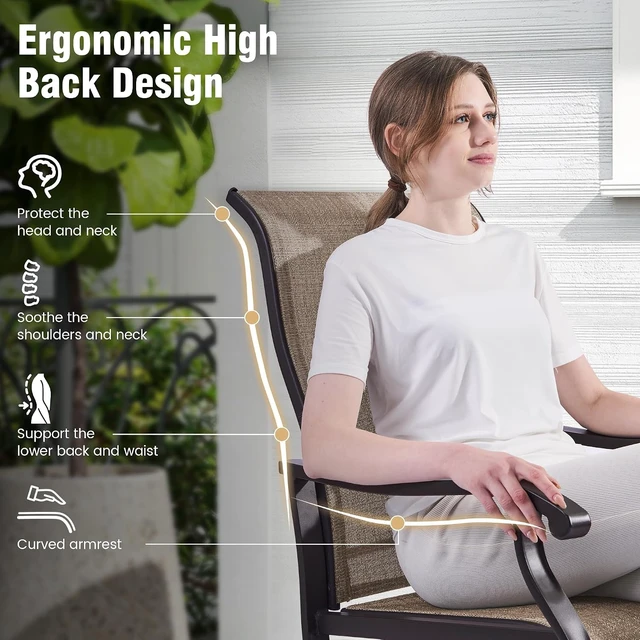 Alt view image 5 of 7 - Set of 2 Outdoor Patio Swivel Rocker Dining Chairs with All-Weather Textilene High Back & Metal Frame for Backyard, Deck, Lawn & Garden, Brown