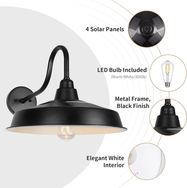 Alt view image 3 of 7 - 16 Inch Solar Barn Lights, Farmhouse Dome Wall Sconce, Industrial Rustic Lantern for Garage, Barn & Shed, RZSR020W-2