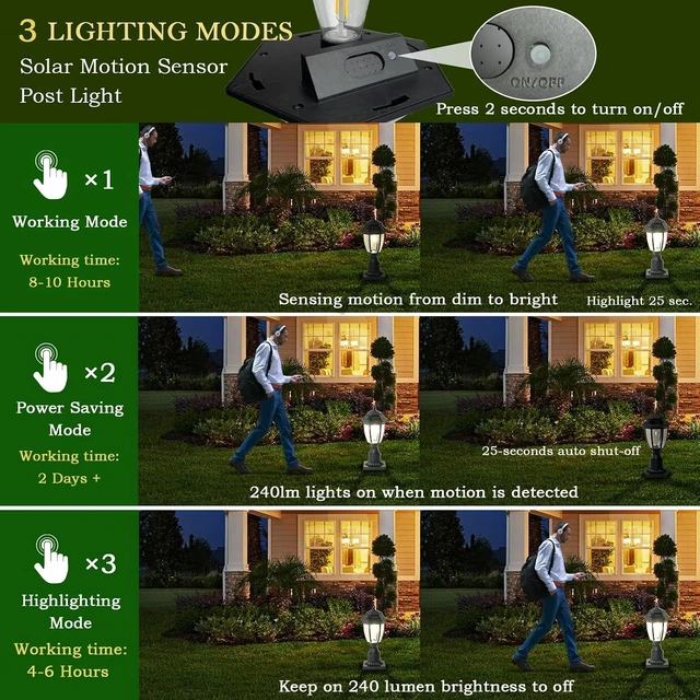 Alt view image 3 of 7 - Dusk-to-Dawn Solar Post Lamp Light with Pier Mount Base, Waterproof Motion Sensor for Garden, Yard, Landscape, Pole & Pillar