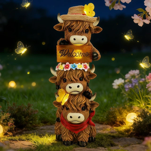 Main image of 12" Lighted Solar Highland Cow Garden Statue, Triple Stacked Resin Whimsical Yard Art for Porch, Pathway, Patio & Lawn, Birthday & Mother's Day Gift