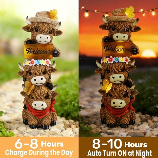 Alt view image 2 of 7 - 12" Lighted Solar Highland Cow Garden Statue, Triple Stacked Resin Whimsical Yard Art for Porch, Pathway, Patio & Lawn, Birthday & Mother's Day Gift