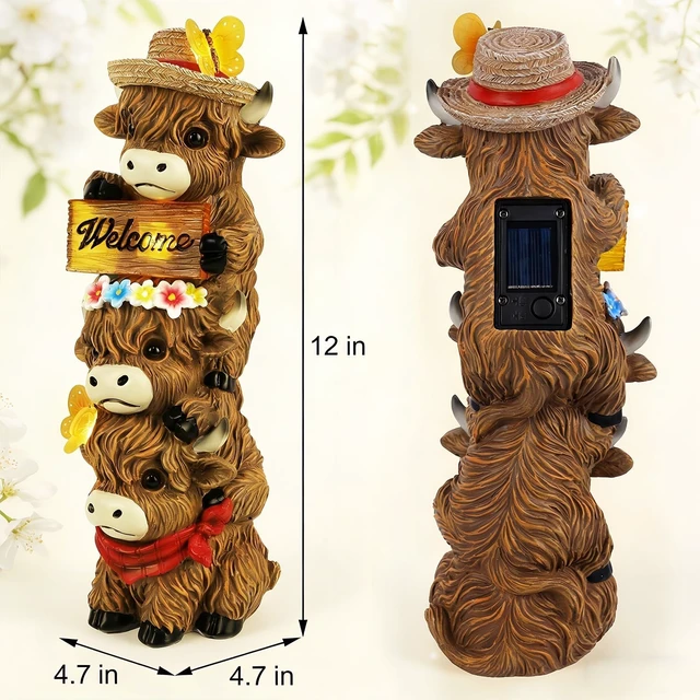 Alt view image 4 of 7 - 12" Lighted Solar Highland Cow Garden Statue, Triple Stacked Resin Whimsical Yard Art for Porch, Pathway, Patio & Lawn, Birthday & Mother's Day Gift