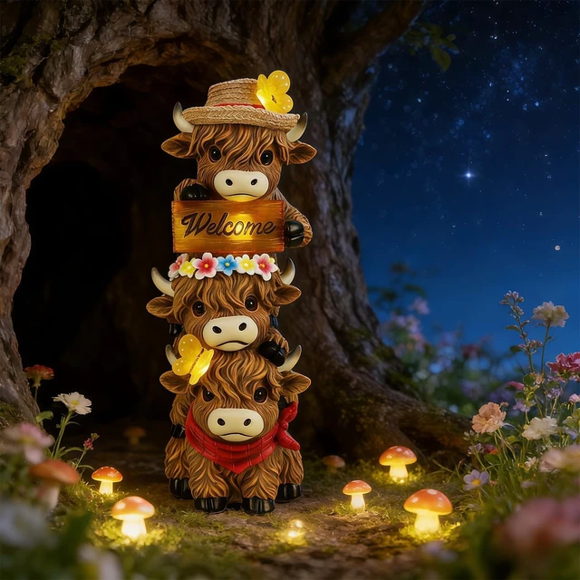 Alt view image 6 of 7 - 12" Lighted Solar Highland Cow Garden Statue, Triple Stacked Resin Whimsical Yard Art for Porch, Pathway, Patio & Lawn, Birthday & Mother's Day Gift