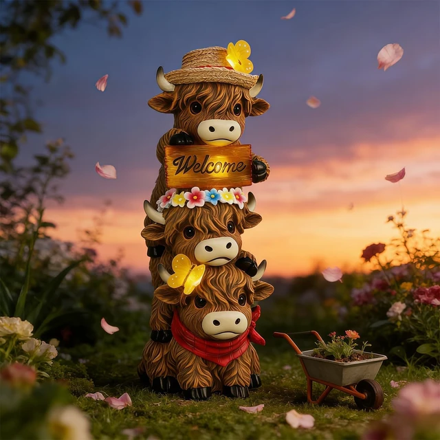 Alt view image 7 of 7 - 12" Lighted Solar Highland Cow Garden Statue, Triple Stacked Resin Whimsical Yard Art for Porch, Pathway, Patio & Lawn, Birthday & Mother's Day Gift