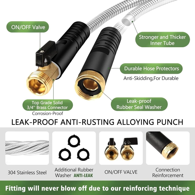 Alt view image 2 of 7 - 100 ft Heavy Duty Stainless Steel Metal Garden Hose with 10-Function Nozzle & 3/4'' Solid Brass Fitting, Flexible, Lightweight & No Kink for Outdoor Yard