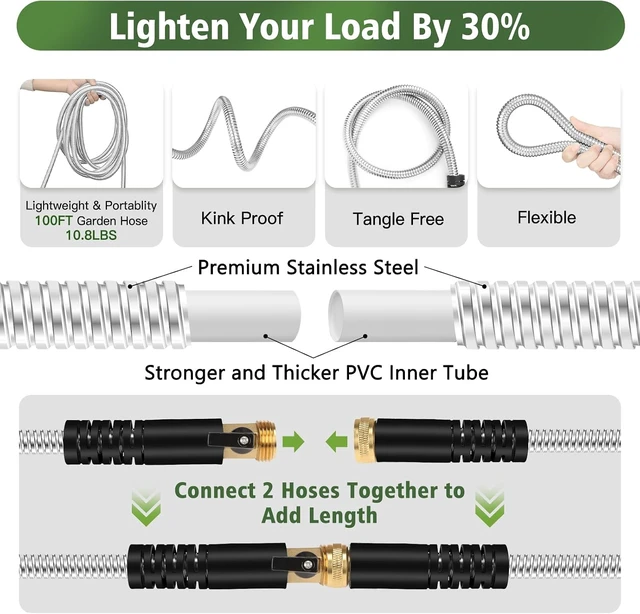Alt view image 3 of 7 - 100 ft Heavy Duty Stainless Steel Metal Garden Hose with 10-Function Nozzle & 3/4'' Solid Brass Fitting, Flexible, Lightweight & No Kink for Outdoor Yard