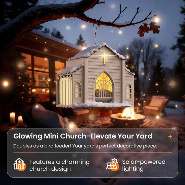 Alt view image 4 of 7 - Church-Shaped Metal Bird Feeder with Solar Light, 5 LB Large Capacity & Suet Design, Weatherproof Hanging for Garden, Yard & Deck, Unique Gift for Christmas & Mother's Day