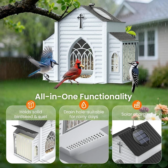 Alt view image 5 of 7 - Church-Shaped Metal Bird Feeder with Solar Light, 5 LB Large Capacity & Suet Design, Weatherproof Hanging for Garden, Yard & Deck, Unique Gift for Christmas & Mother's Day