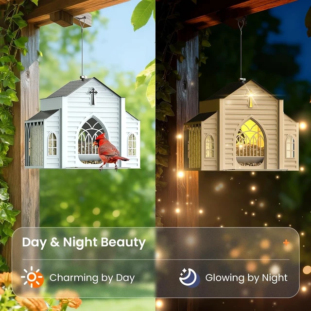 Alt view image 6 of 7 - Church-Shaped Metal Bird Feeder with Solar Light, 5 LB Large Capacity & Suet Design, Weatherproof Hanging for Garden, Yard & Deck, Unique Gift for Christmas & Mother's Day