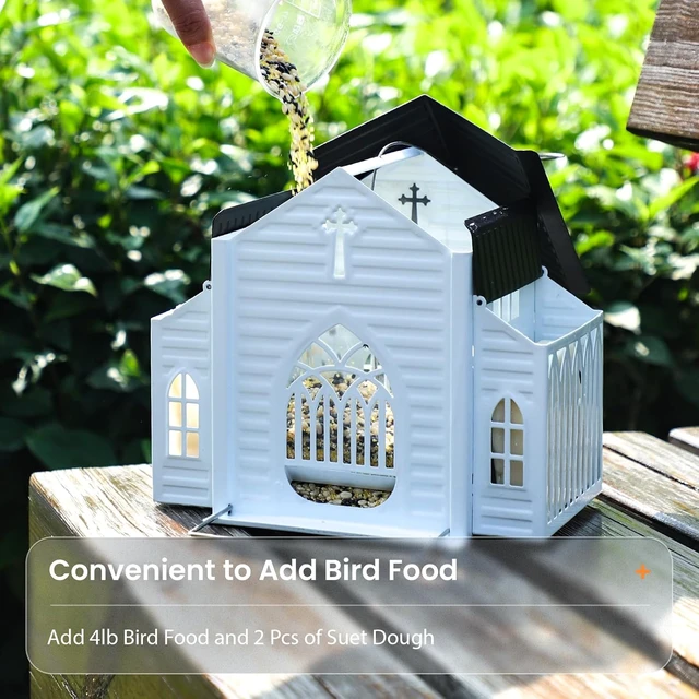 Alt view image 7 of 7 - Church-Shaped Metal Bird Feeder with Solar Light, 5 LB Large Capacity & Suet Design, Weatherproof Hanging for Garden, Yard & Deck, Unique Gift for Christmas & Mother's Day