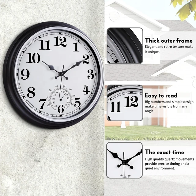 Alt view image 3 of 7 - 16 Inch Large Retro Waterproof Outdoor Clock, Non-Ticking, Black