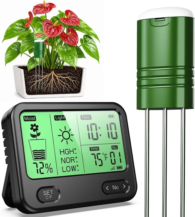 Main image of 4-in-1 Soil Moisture Meter for Plants, Temperature, Moisture & Sunlight Time, Large Screen Wireless Garden Tester for Lawn, Farm & Houseplants, Indoor/Outdoor (Dark Black)