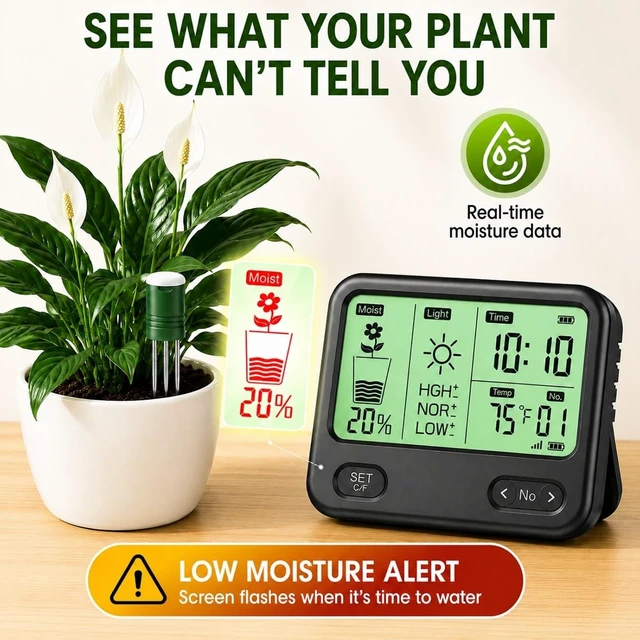 Alt view image 3 of 7 - 4-in-1 Soil Moisture Meter for Plants, Temperature, Moisture & Sunlight Time, Large Screen Wireless Garden Tester for Lawn, Farm & Houseplants, Indoor/Outdoor (Dark Black)
