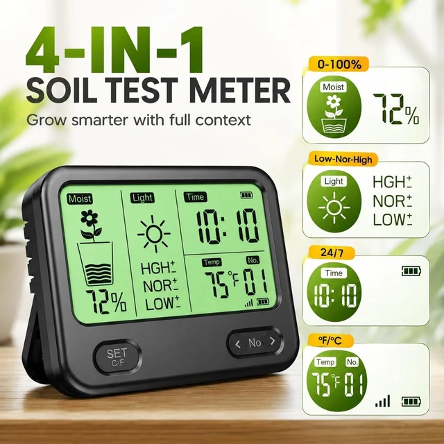 Alt view image 4 of 7 - 4-in-1 Soil Moisture Meter for Plants, Temperature, Moisture & Sunlight Time, Large Screen Wireless Garden Tester for Lawn, Farm & Houseplants, Indoor/Outdoor (Dark Black)