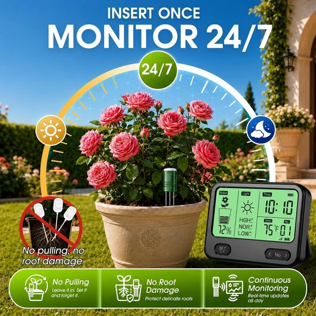 Alt view image 7 of 7 - 4-in-1 Soil Moisture Meter for Plants, Temperature, Moisture & Sunlight Time, Large Screen Wireless Garden Tester for Lawn, Farm & Houseplants, Indoor/Outdoor (Dark Black)