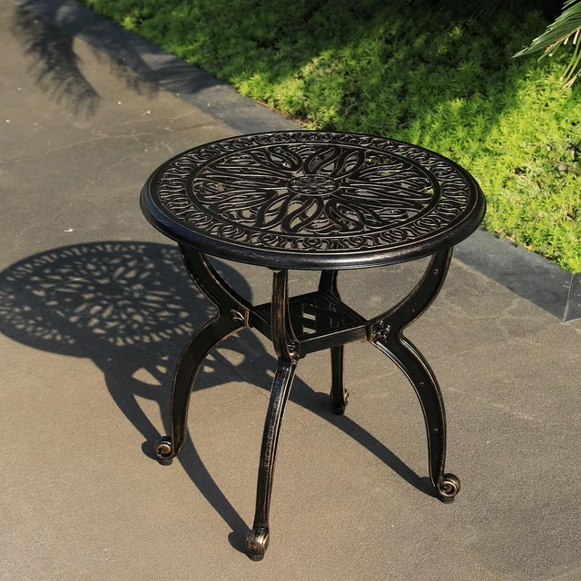Alt view image 2 of 7 - All-Weather Cast Aluminum Round Side Table, Small Coffee Table for Patio, Park, Lawn & Yard (18.5" Bronze)