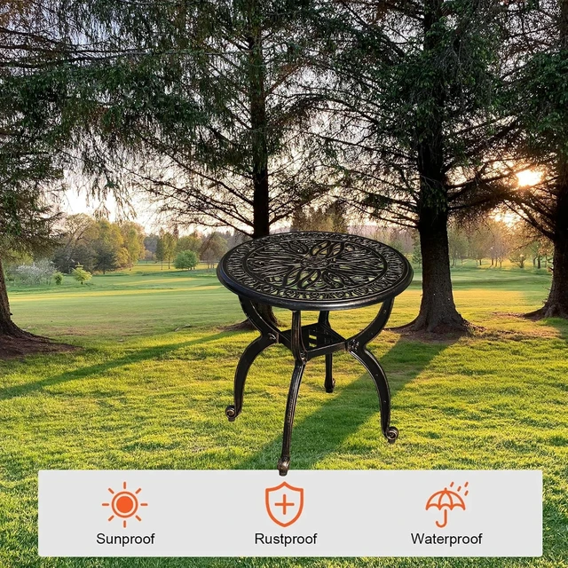 Alt view image 4 of 7 - All-Weather Cast Aluminum Round Side Table, Small Coffee Table for Patio, Park, Lawn & Yard (18.5" Bronze)