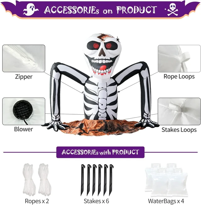 Alt view image 5 of 6 - 5 FT Halloween Inflatable Skeleton Rising from Ground, Outdoor Decoration