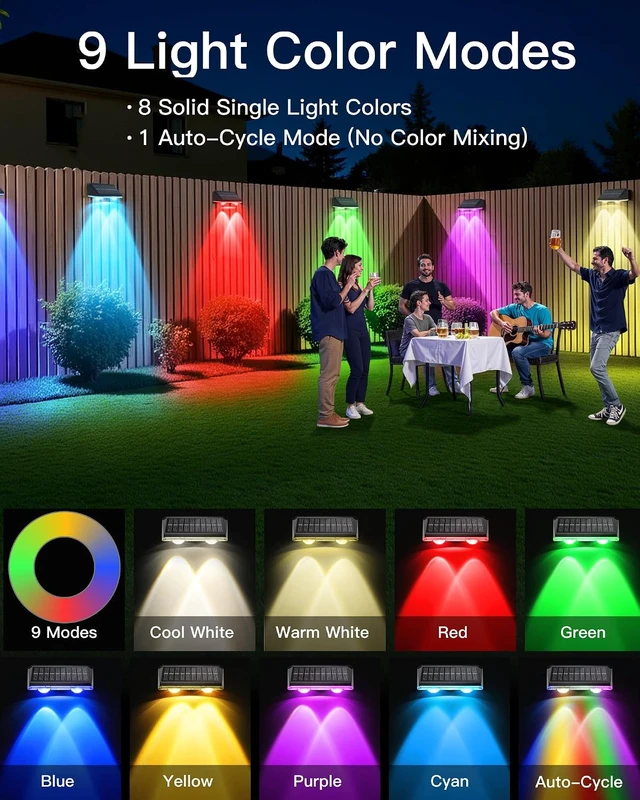 Alt view image 5 of 7 - 12 Pack IP65 Waterproof Solar Fence Lights with Ultra-Bright LED Lens, 9 Color Modes, 12+ Hour Steady Glow for Deck, Backyard, Patio, Pool & Wall, Black