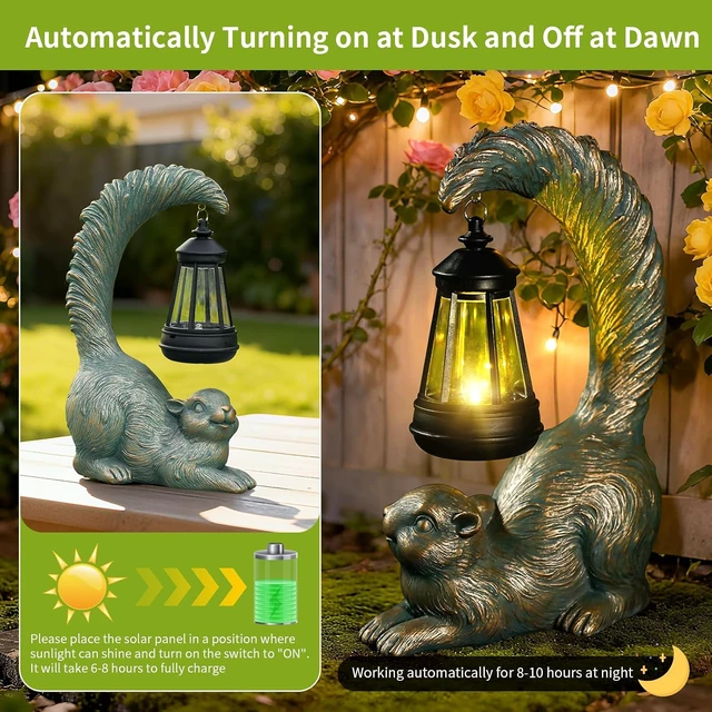 Alt view image 4 of 7 - Squirrel Solar Garden Statue with LED Lantern, Outdoor Ornament for Garden, Home, Lawn, Yard & Balcony, Unique Housewarming Gift