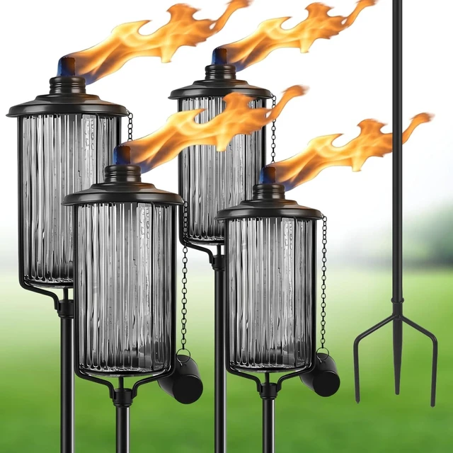 Main image of 55-Inch Black Glass Flame Light Torches for Outside 16 oz Citronella Garden Torches with 3-Prong Grounded Stake, 4 Pack, for Yard Patio Deck Landscape